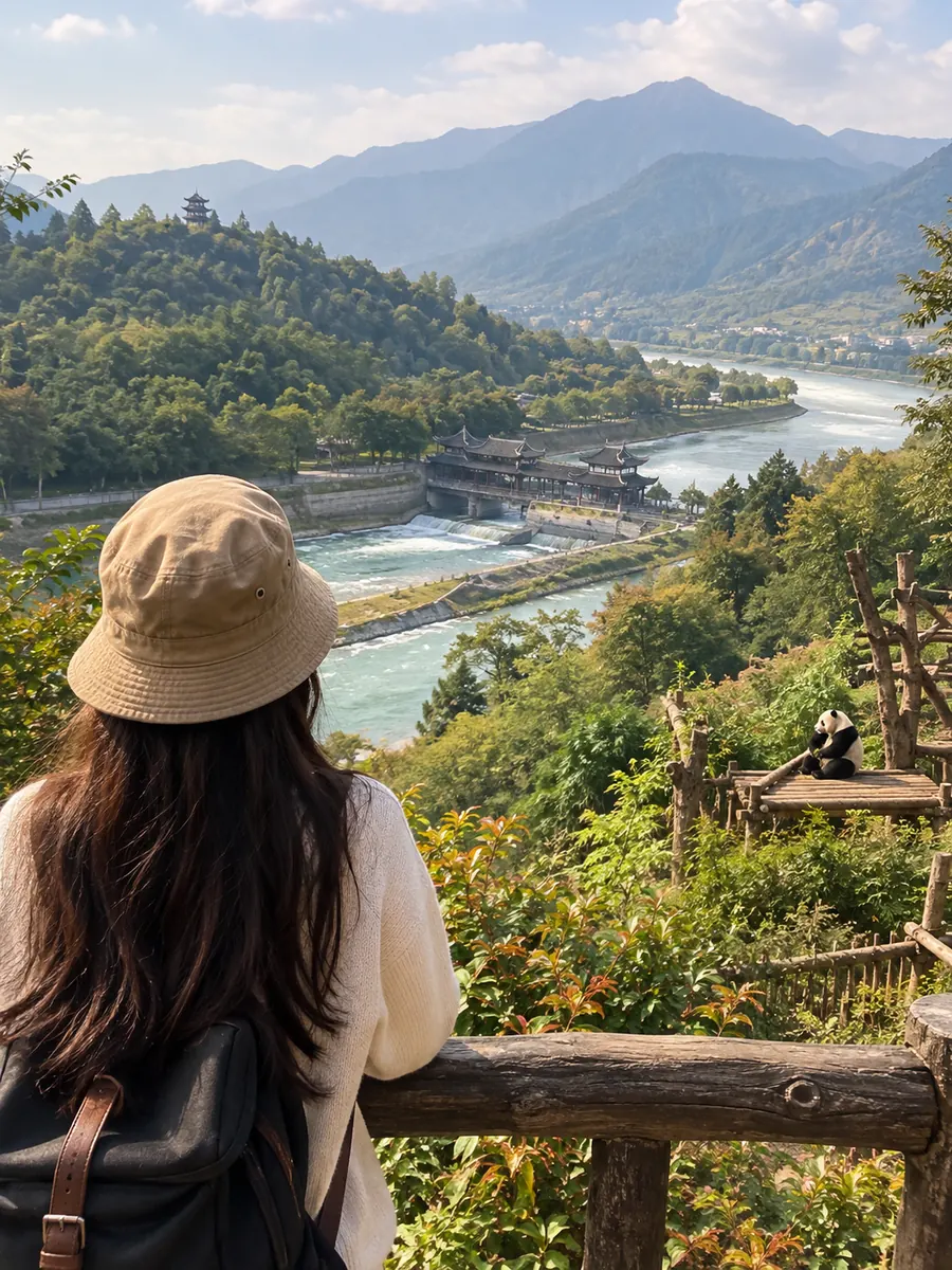 Vue du système d'irrigation de Dujiangyan et de Panda Valley